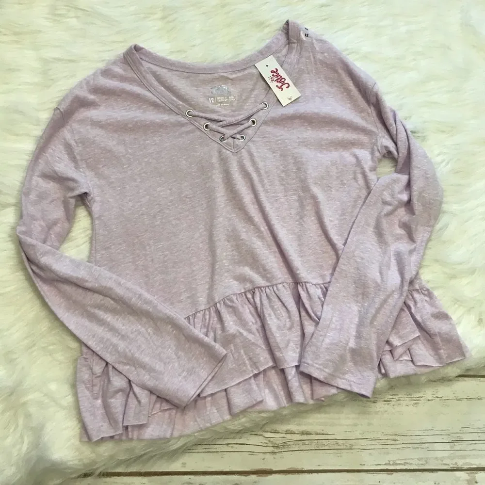 D Justice Lace Up‎ Ruffle Hem Long Sleeve T-Shirt Top size 12 nwt